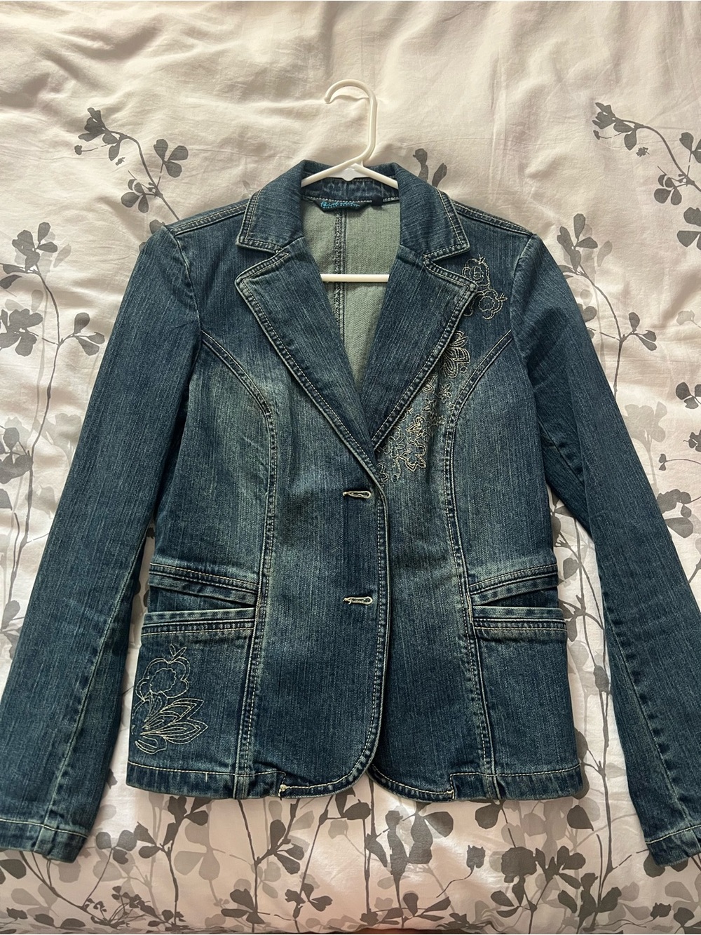 Point Zero Dark Blue Embroidered Denim Blazer Jacket